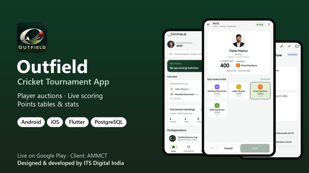 Outfield cricket tournament app screens: home, live player auction and match setup