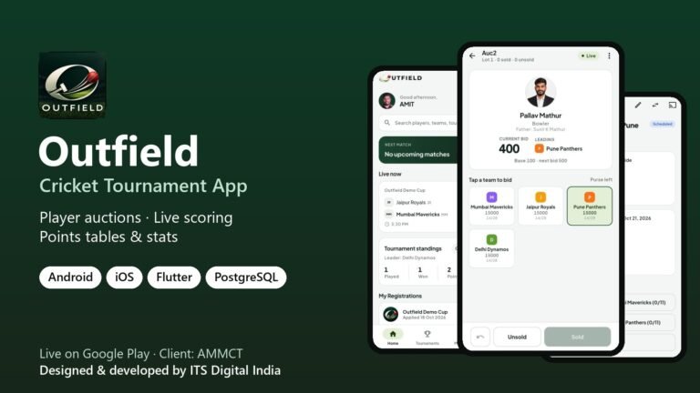 Outfield cricket tournament app screens: home, live player auction and match setup