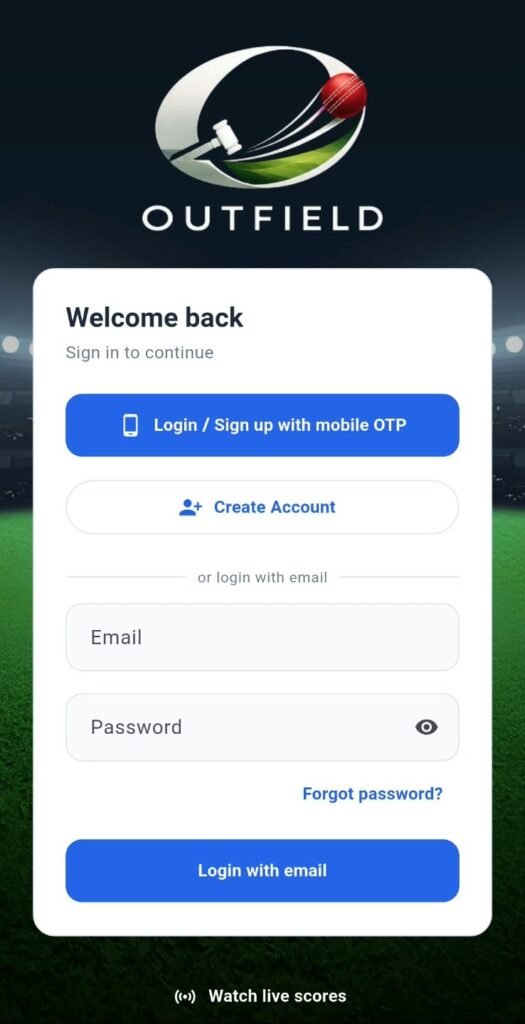 Outfield login screen with mobile OTP and email sign-in