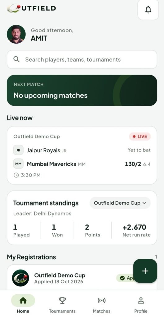 Outfield home screen with live match score, tournament standings and registrations