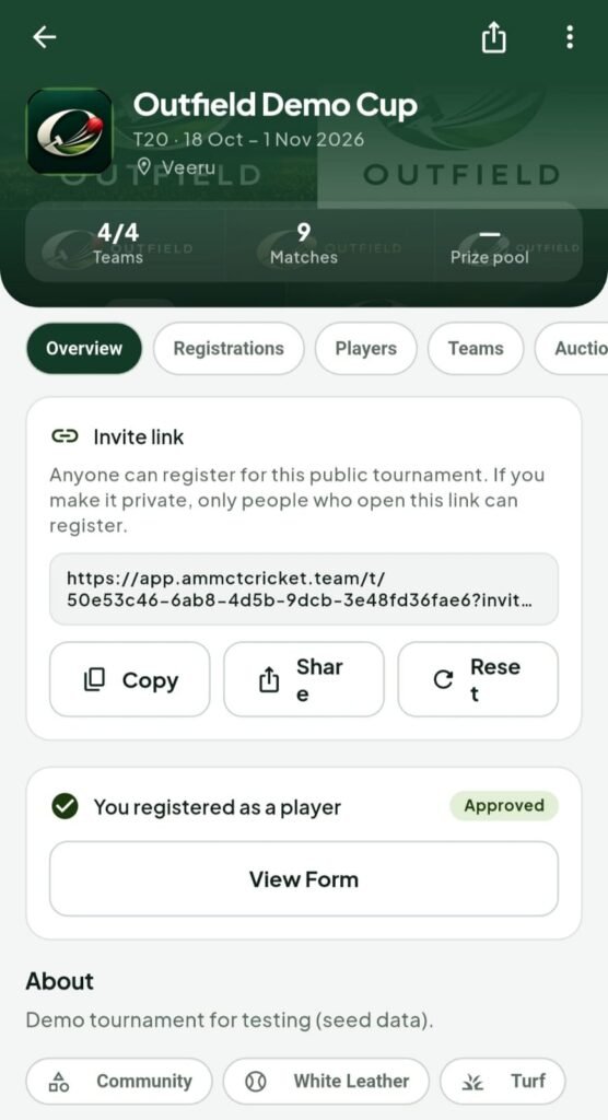Outfield tournament page with invite link, registrations, players, teams and auction