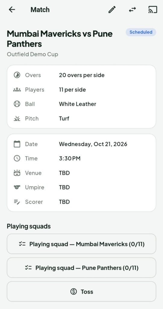 Outfield match setup with overs, venue, umpire, scorer, playing squads and toss