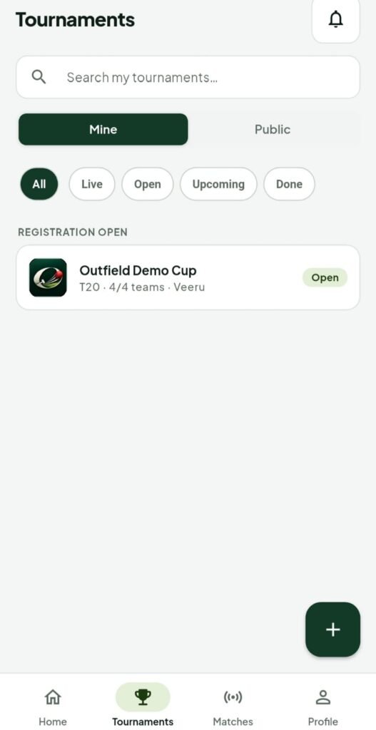 Outfield My Tournaments list filtered by live, open, upcoming and done
