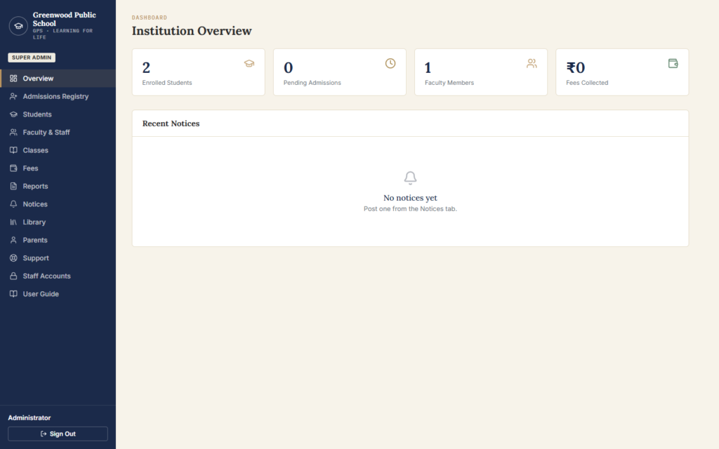 School ERP administrator dashboard with admissions, students, faculty, fees, reports, library and support modules